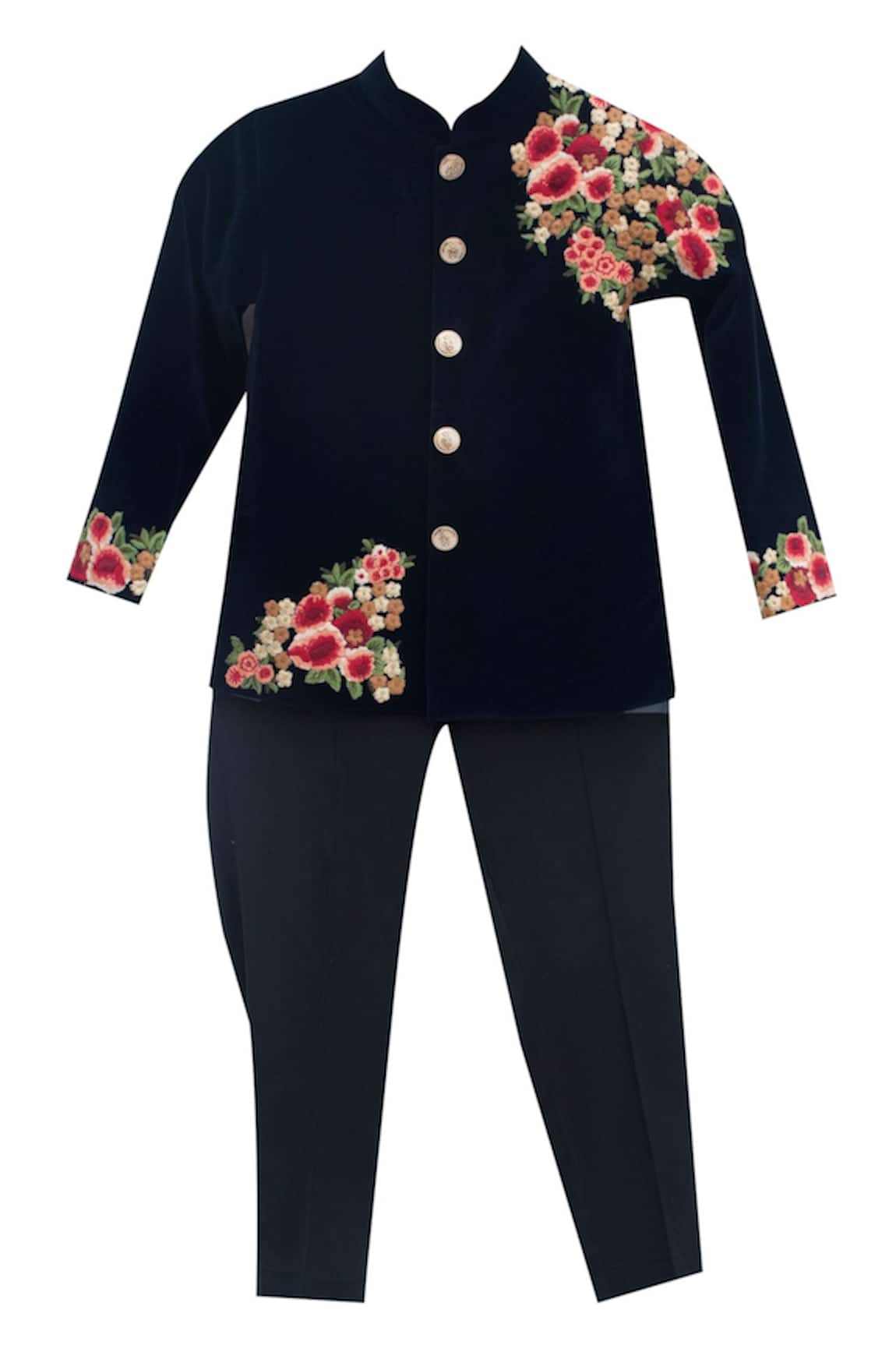 Fayon Kids Dark blue velvet & suiting fabric embroidered ajkan with black pants