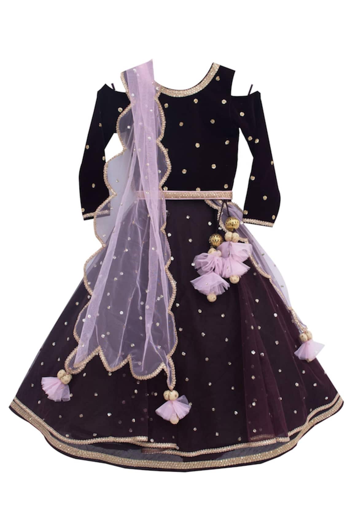 Fayon Kids Maroon velvet & net embroidered choli with frilled lehenga & dupatta