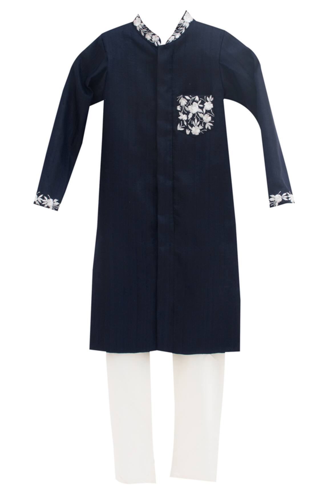 Fayon Kids Dark blue dupion silk & cotton silk embroidered ajkan with churidar