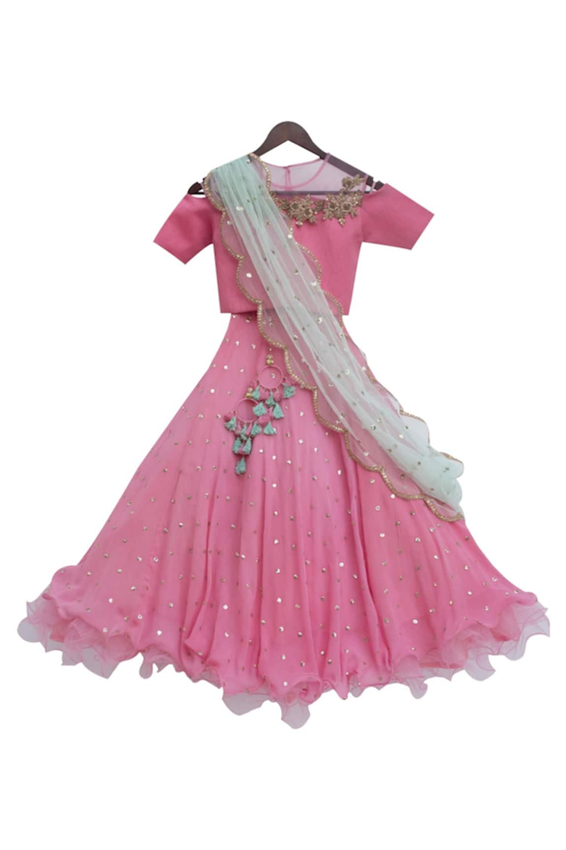 Fayon Kids Pink sequin embroidered lehenga with choli blouse & net dupatta