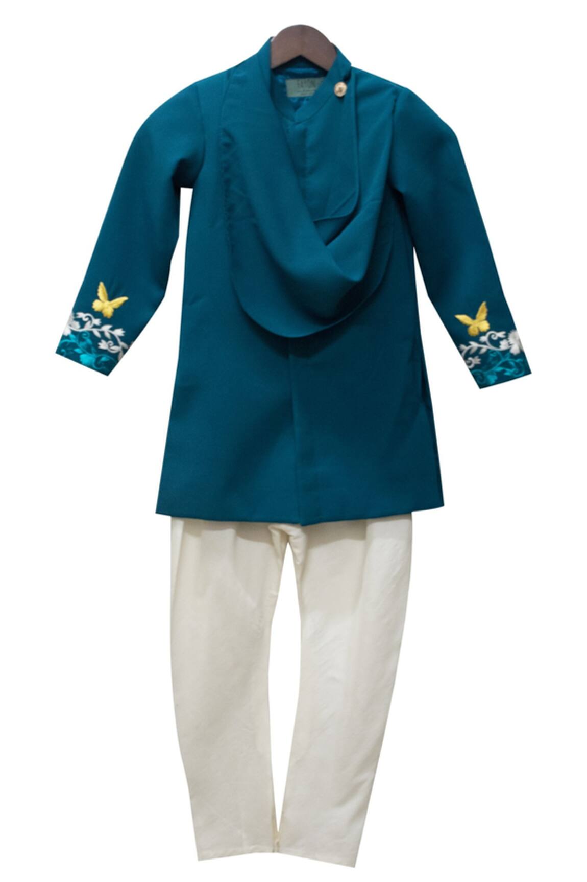 Fayon Kids Teal Blue Achkan Jacket & White Churidar