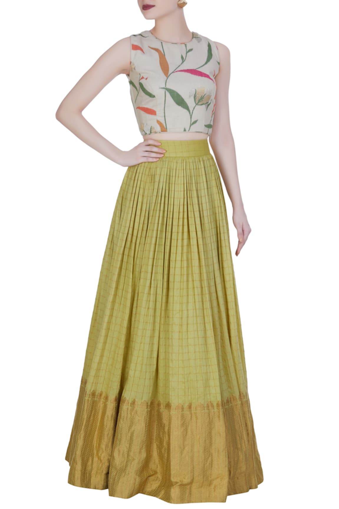 Label Anushree off-white printed crop top with banarasi work skirt 