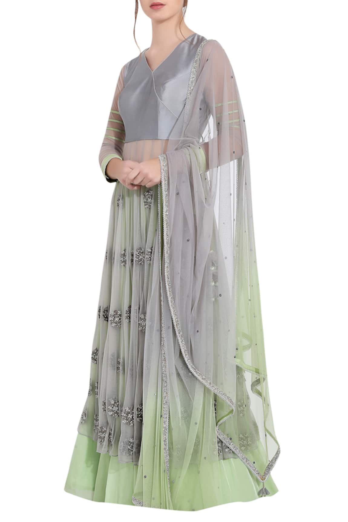 Vedangi Agarwal Grey & green silk thread work & ari technique anarkali with separate skirt