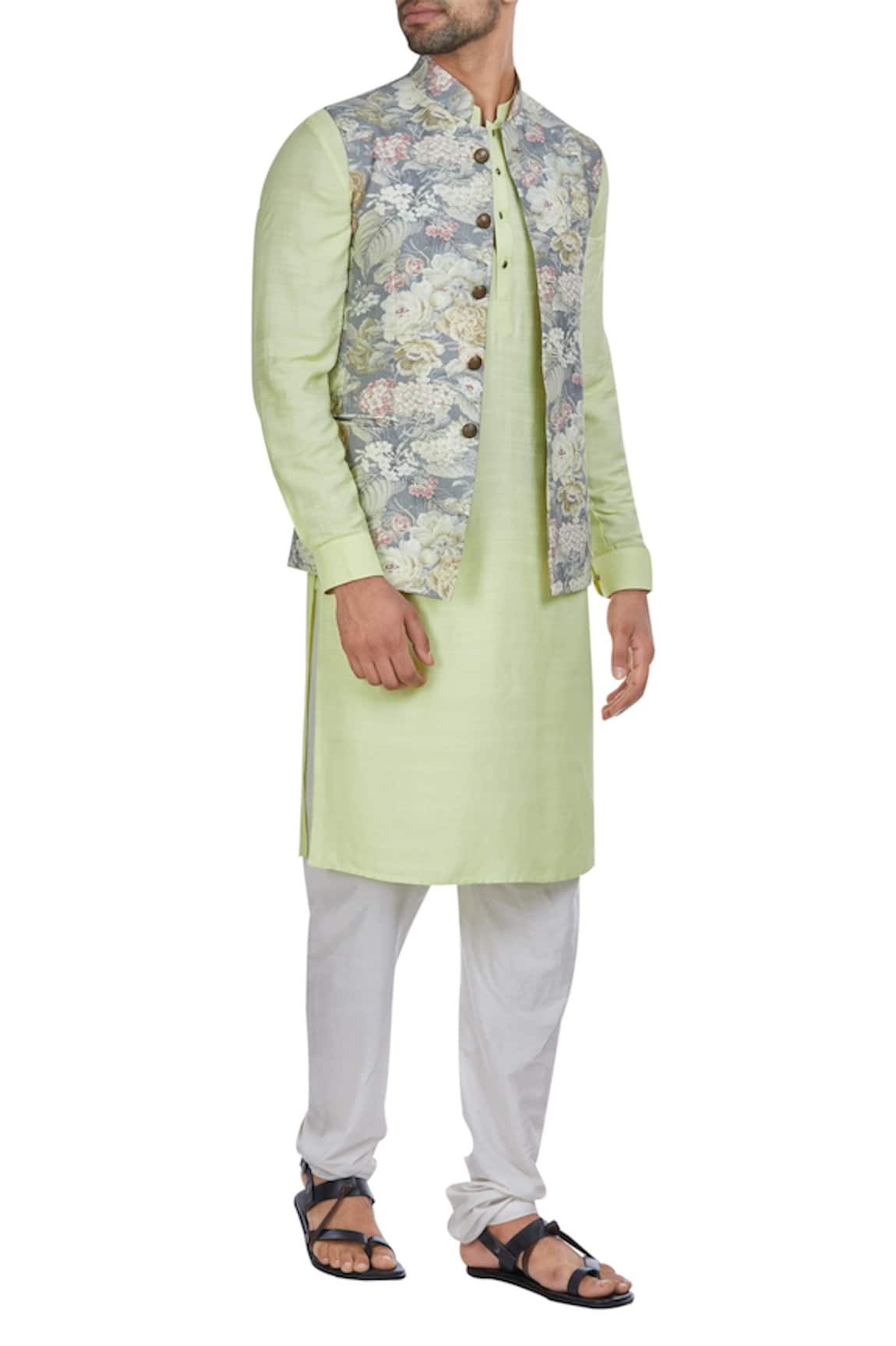 Philocaly Raw silk floral nehru jacket with kurta & pants