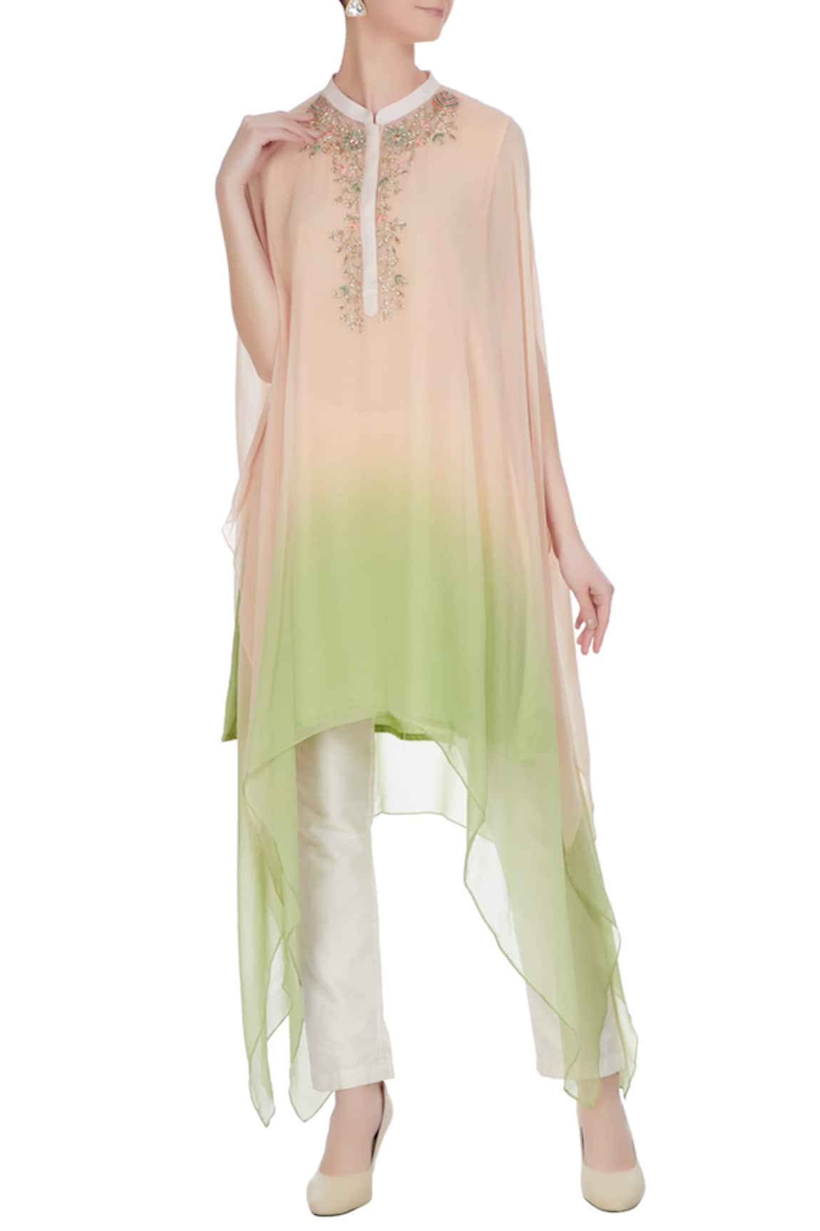 Swapan & Seema Peach & green chiffon asymmetric kaftan-kurta