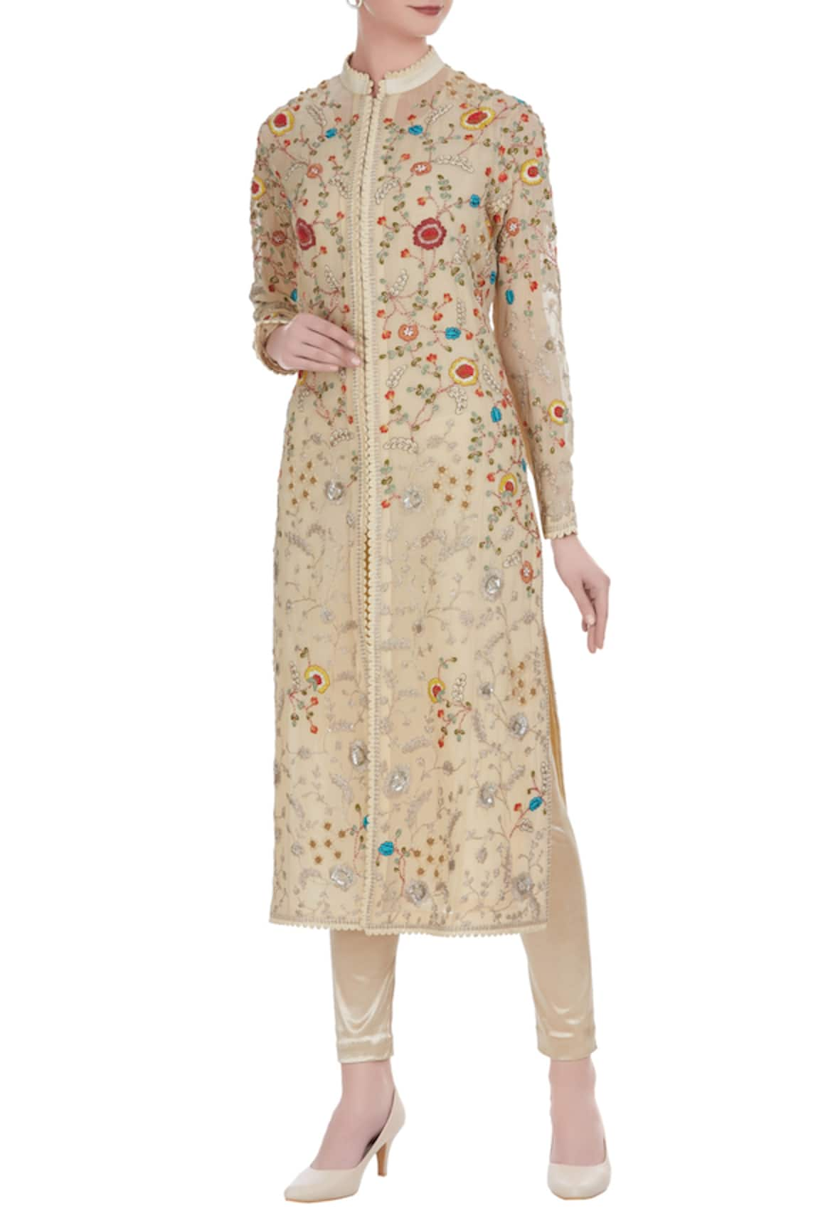 Petticoat Lane by Divya Floral embroidered jacket-style kurta with leggings