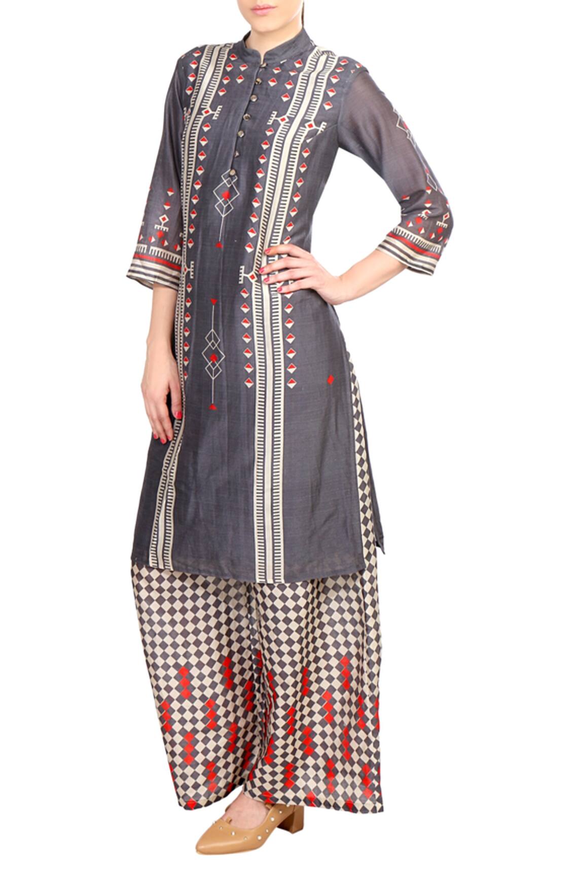 Soup By Sougat Paul Grey printed chanderi kurta with palazzos 