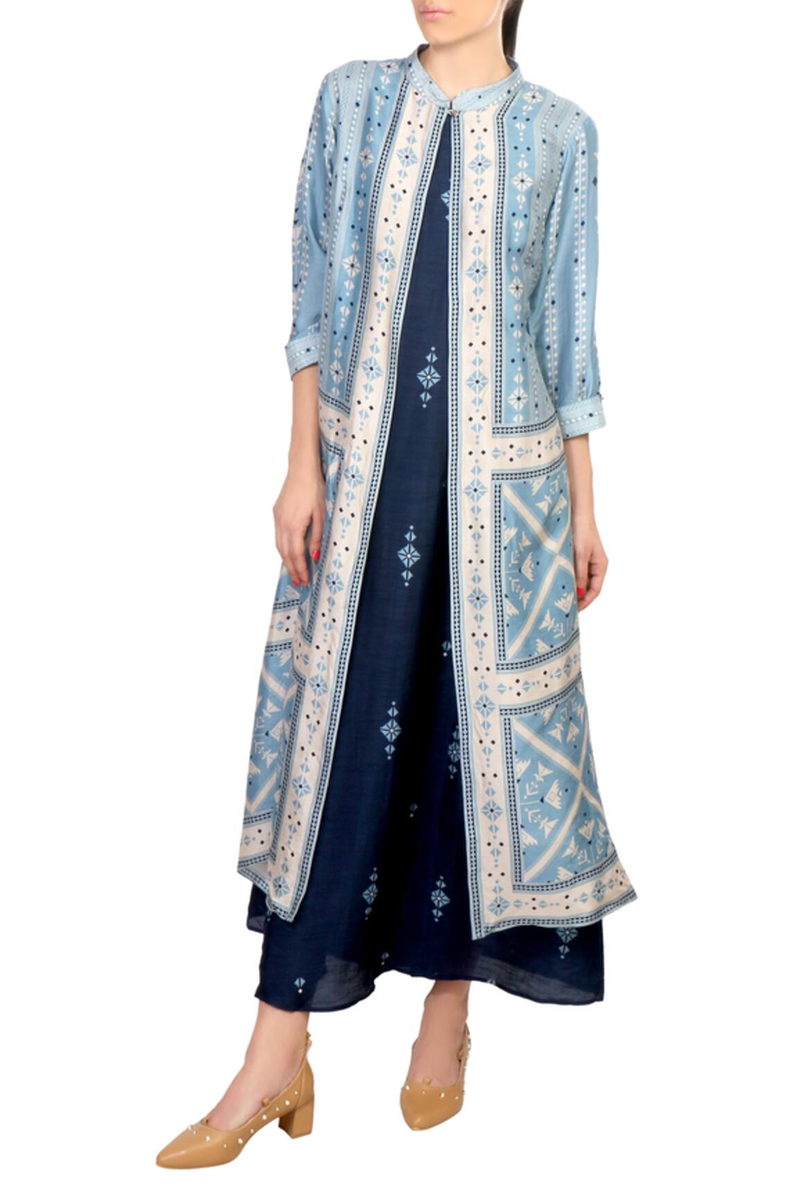 Soup By Sougat Paul Blue tussar printed cape dress