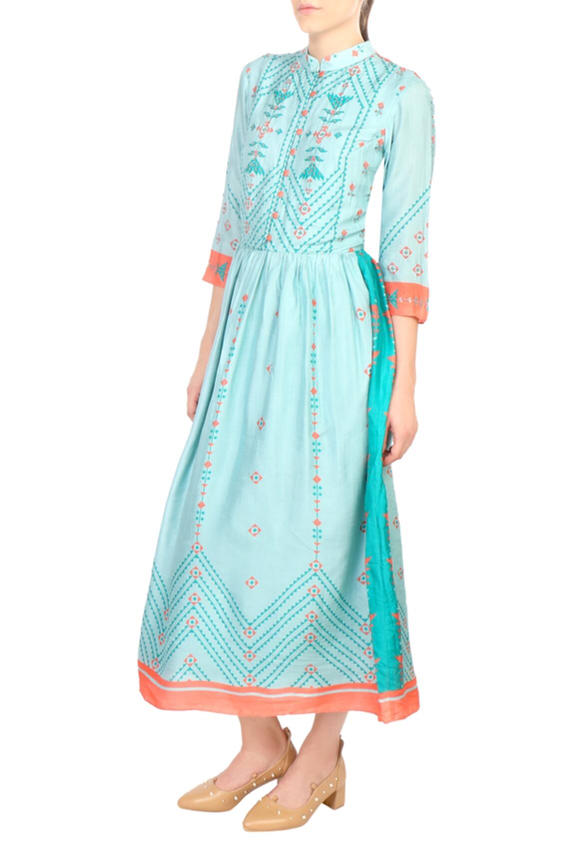 Soup By Sougat Paul Blue tussar silk flared pleated dress