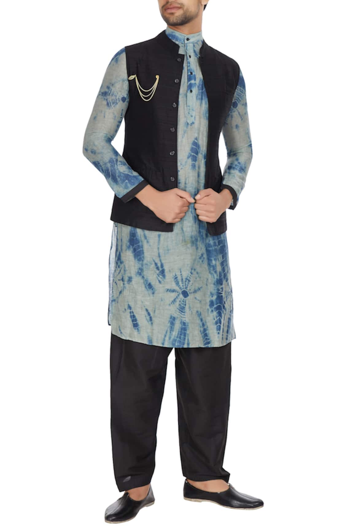 Bohame Black raw silk nehru jacket with tie-dye kurta & pants