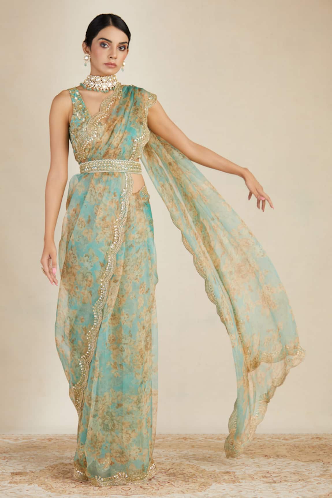 Astha Narang Organza Floral Print Saree Set