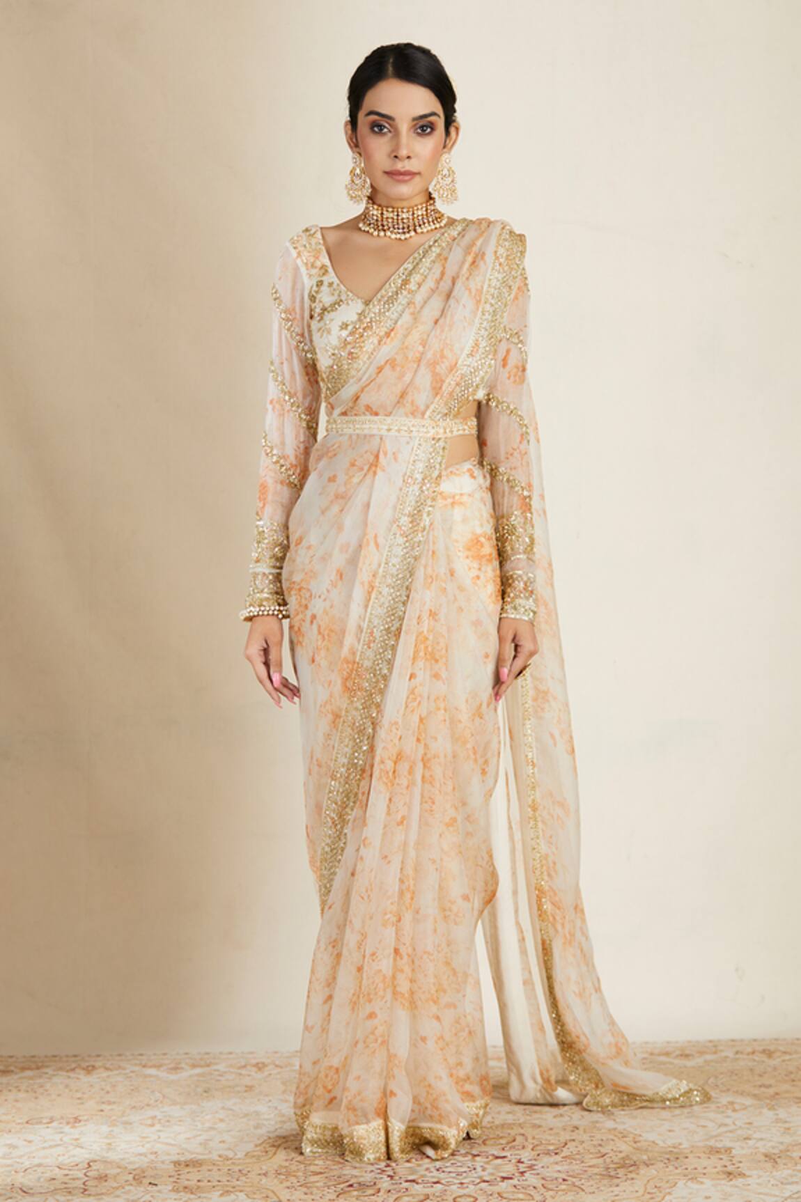 Astha Narang Organza Floral Print Saree Set