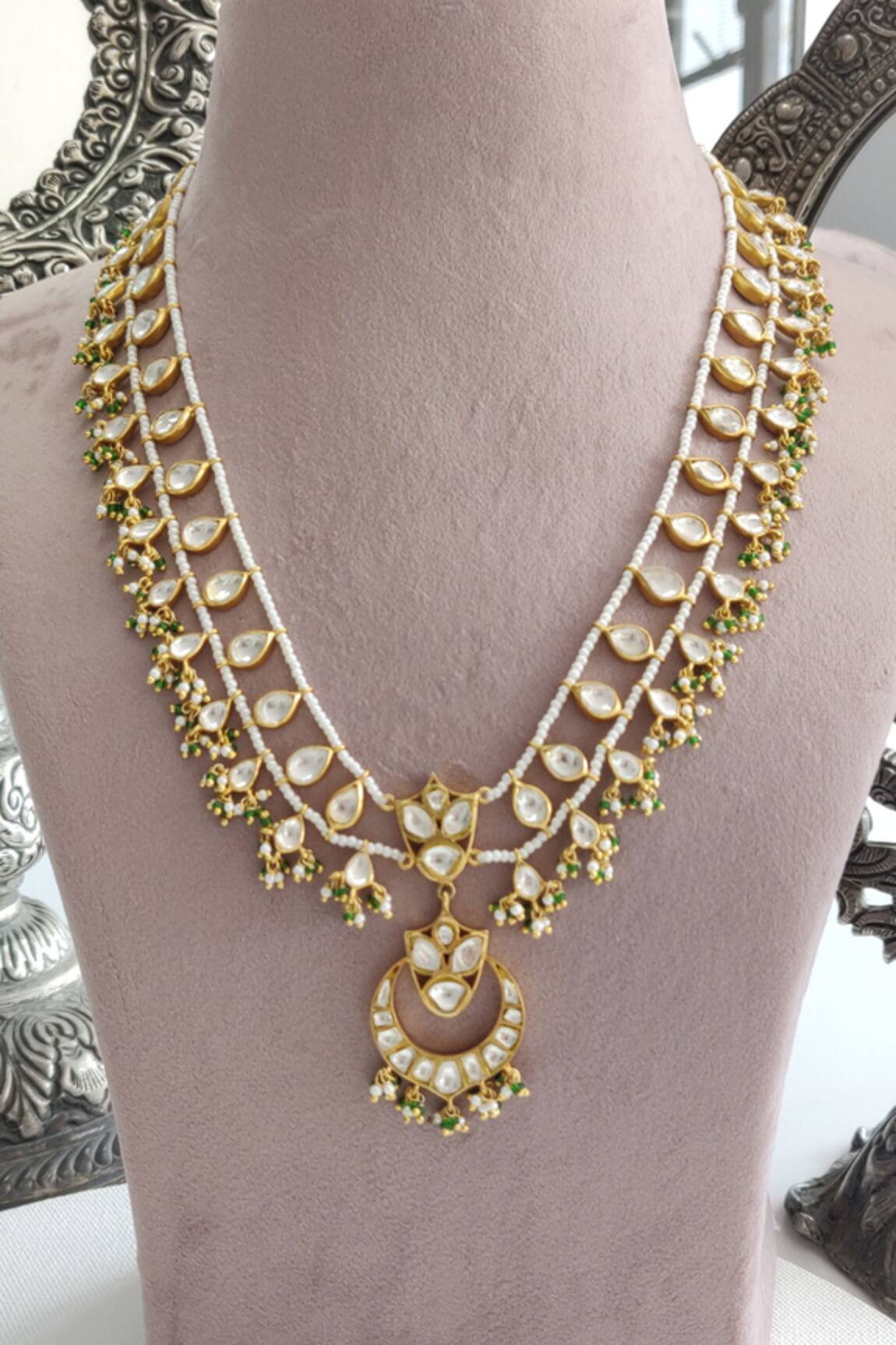 Osvag India Polki Pearl Green Onyx Long Pendant Necklace 