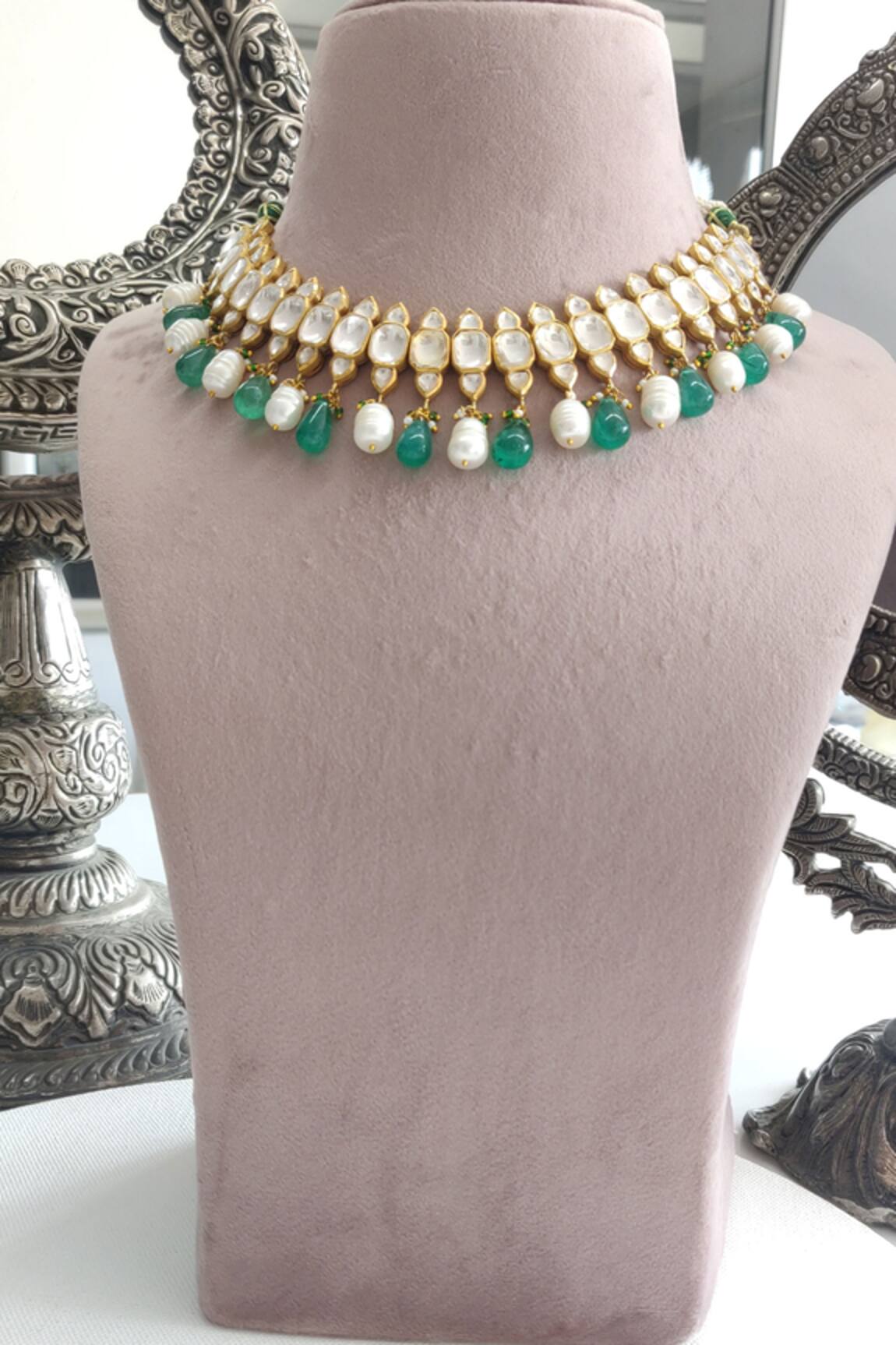 Osvag India Gold Polki Pearl & Green Onyx Choker 