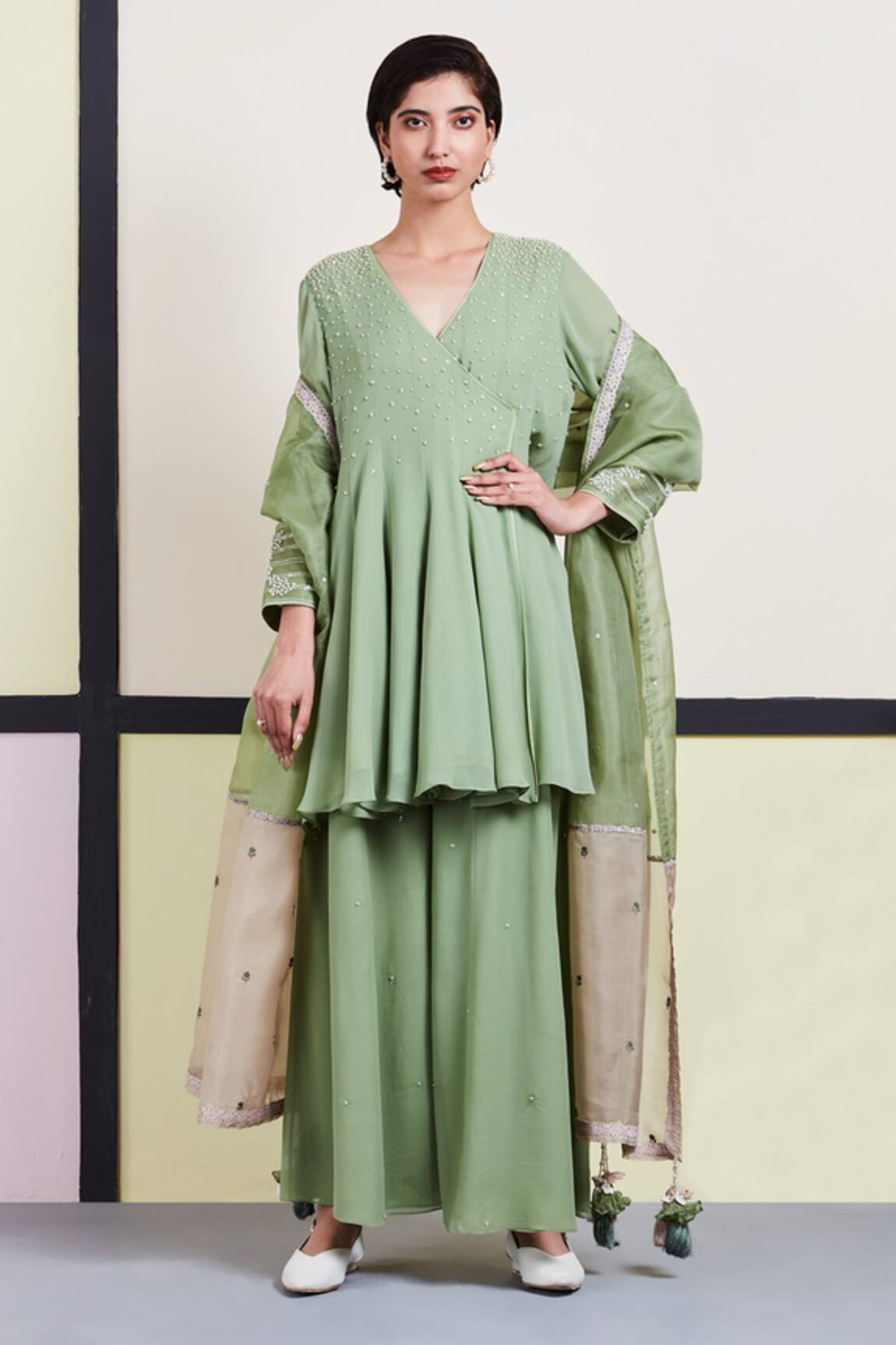 Sue Mue Embroidered Short Anarkali Pant Set