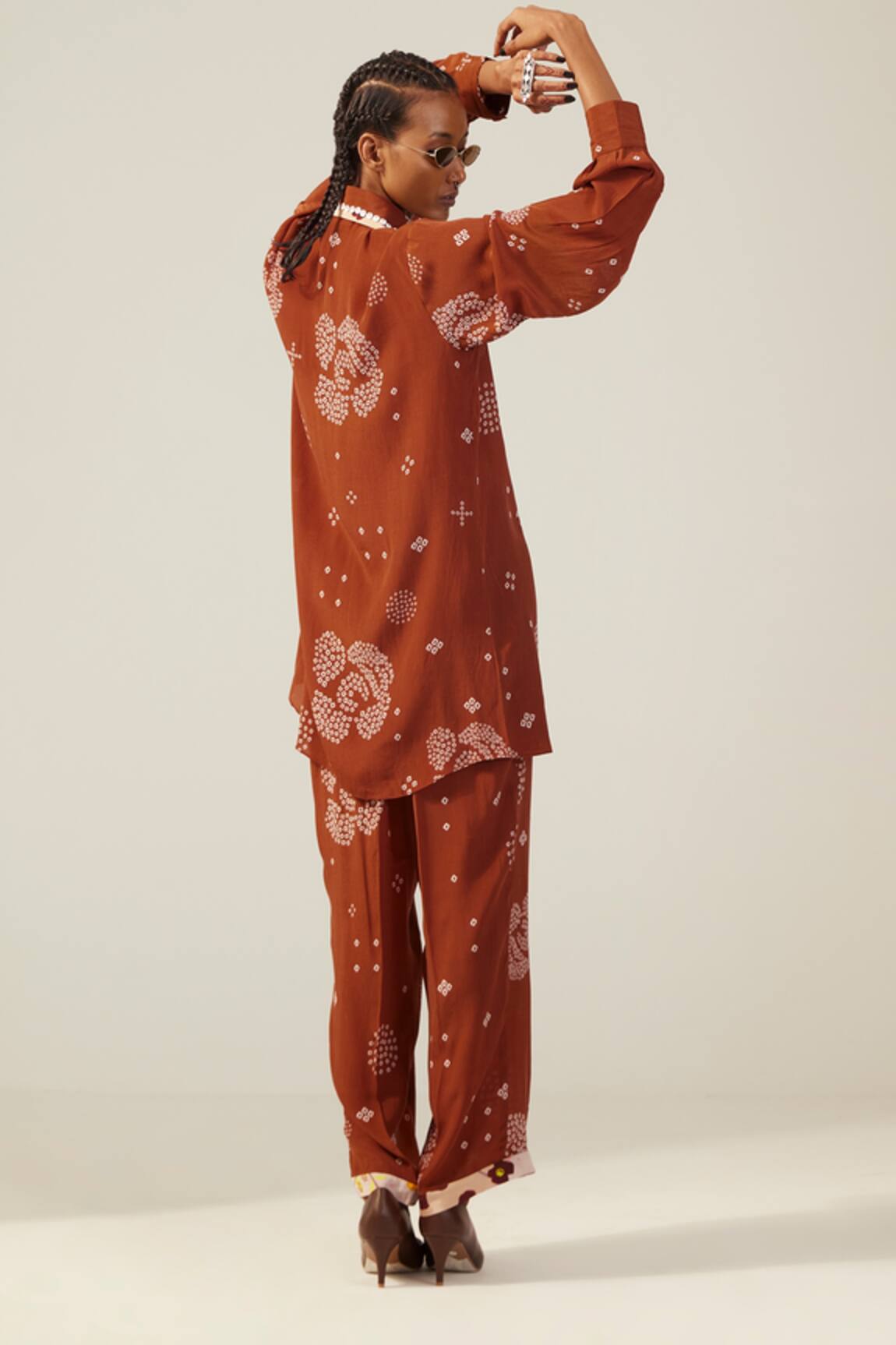 Amka India - Women Brown Crepe Printed Floral Bandhani Milan Shirt And Pant Set For Women