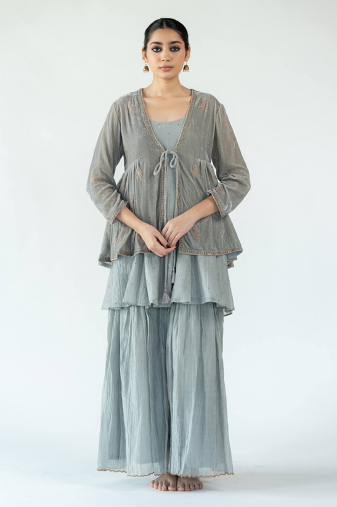 Nirjara Grey Velvet Embroidered Jacket 