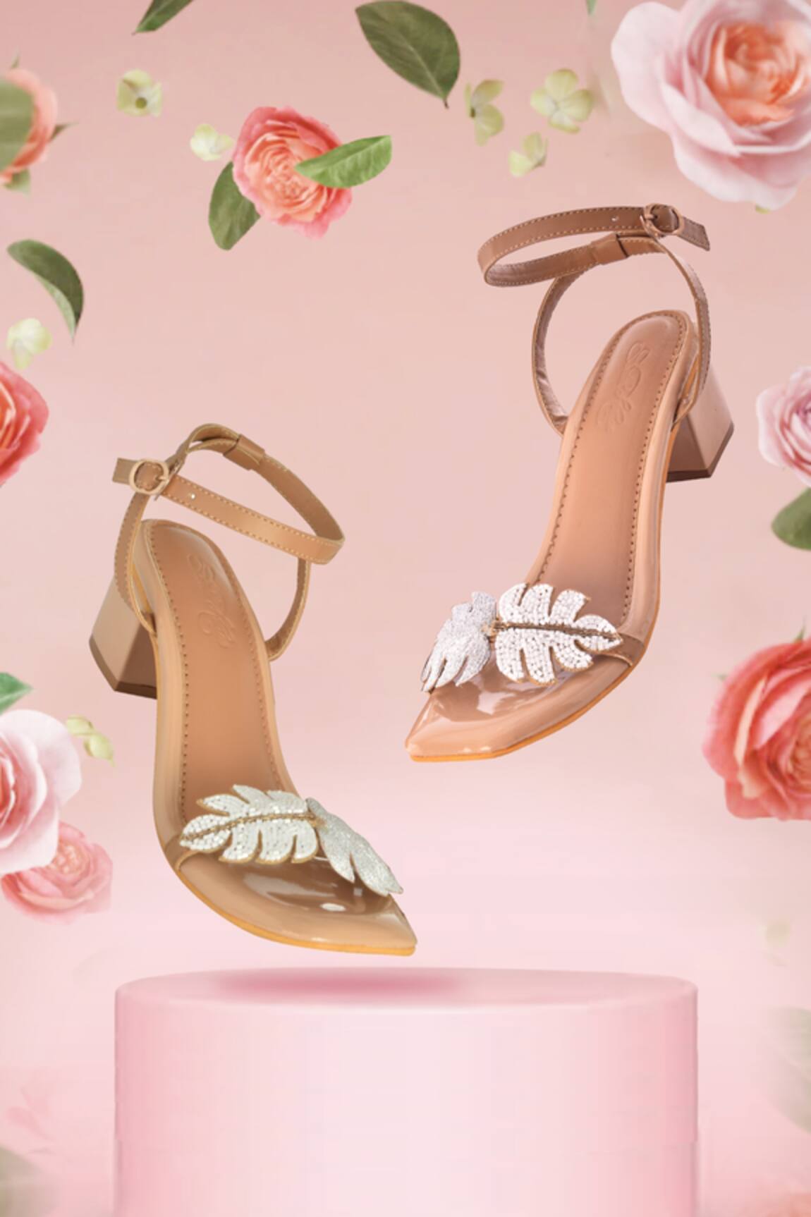 Sole House Beige Block Heels With Leaf Embroidery 