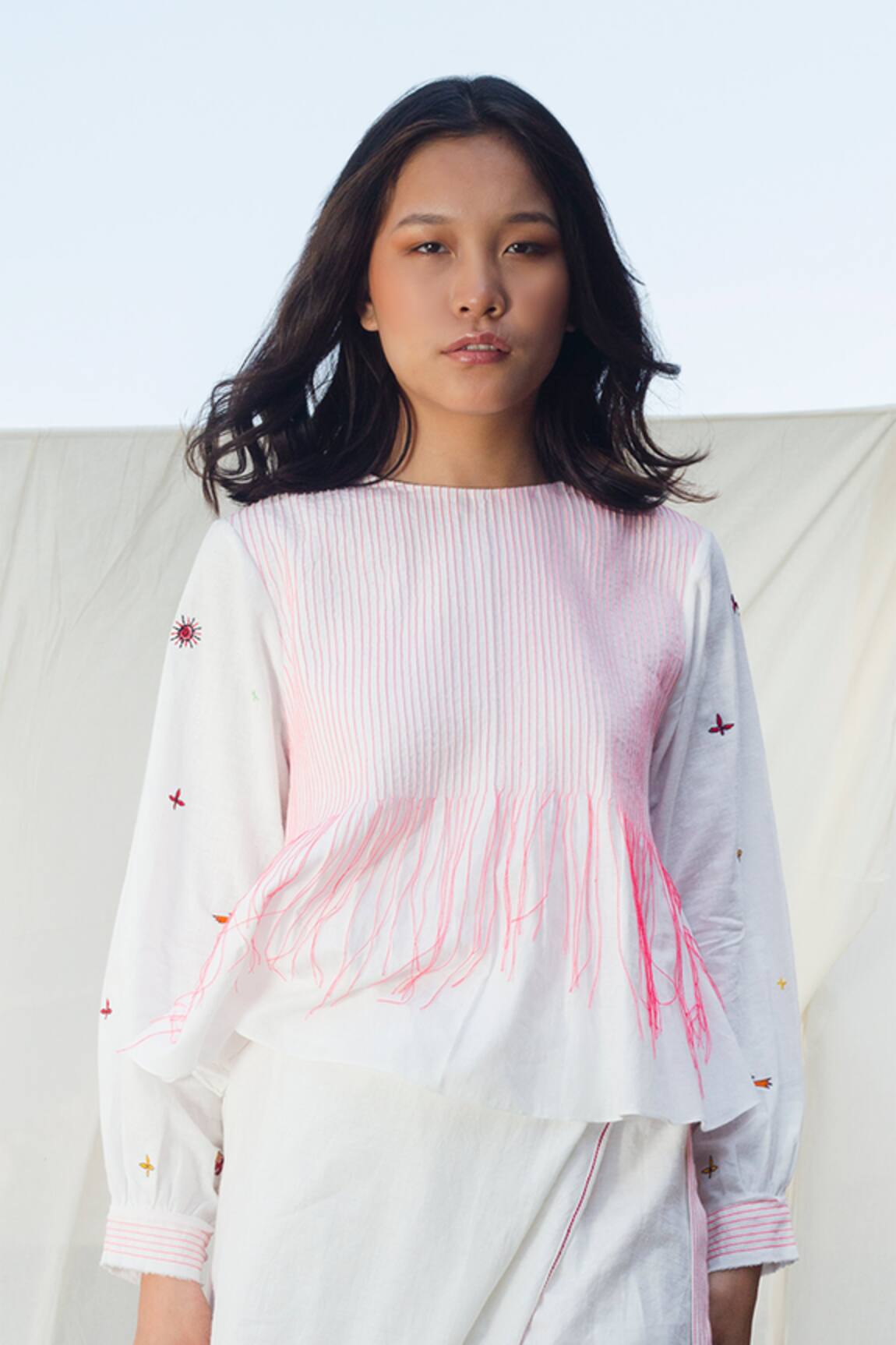 Nikasha Embroidered Cotton Pintuck Top