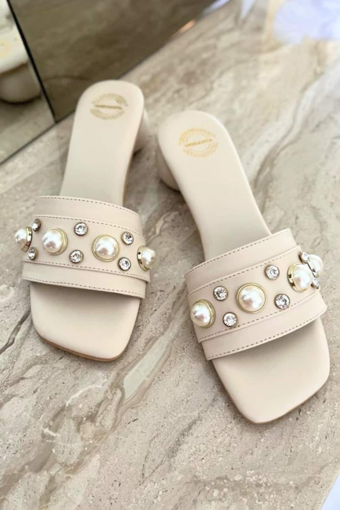 Modanta Footwear Pearl Embellished Block Heels 
