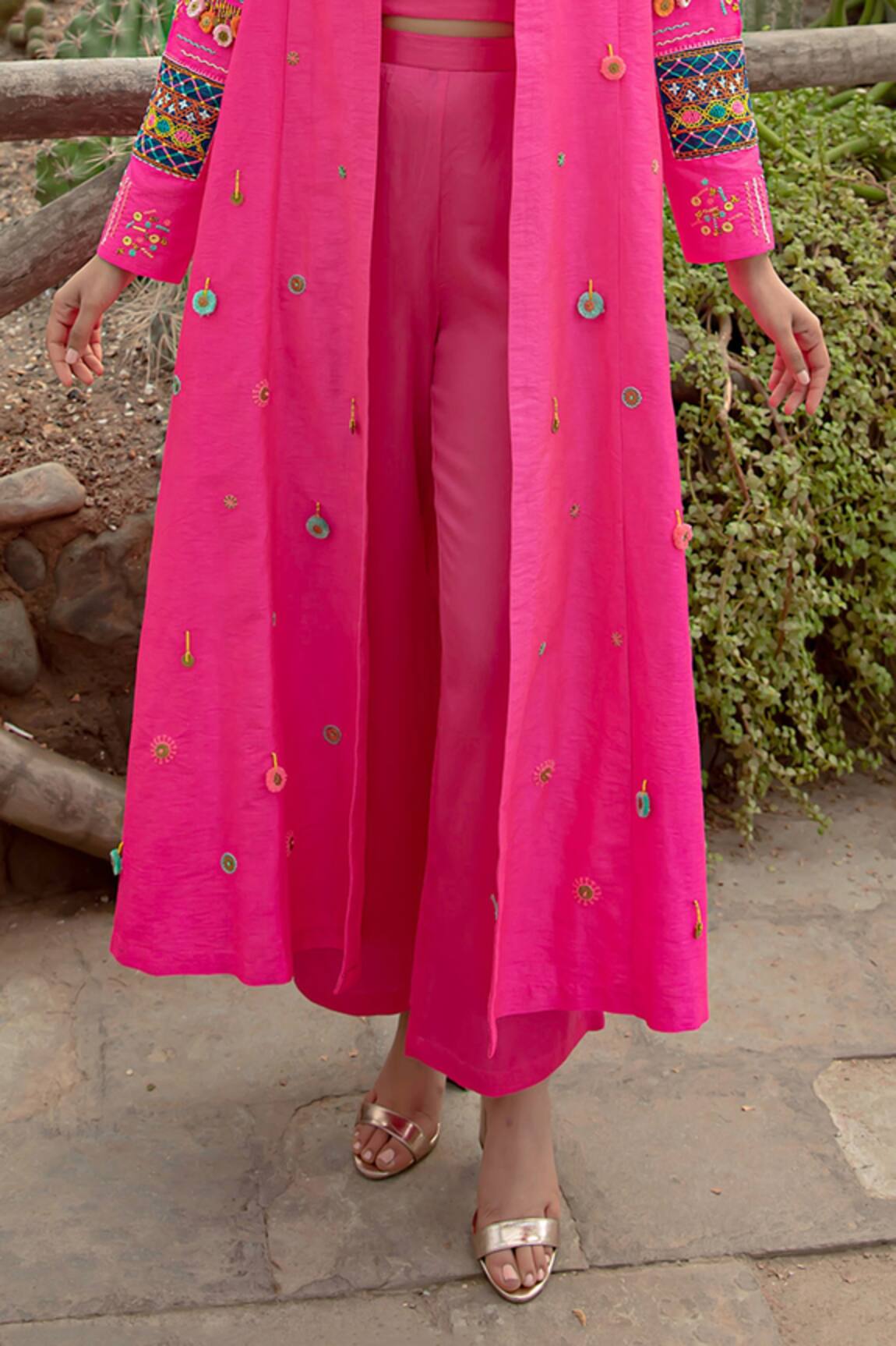 Buy Pink Dupion Art Silk Hand Embroidery Danka Wrap Top And Palazzo Pant  Set For Women by Kacha Tanka Online at Aza Fashions.
