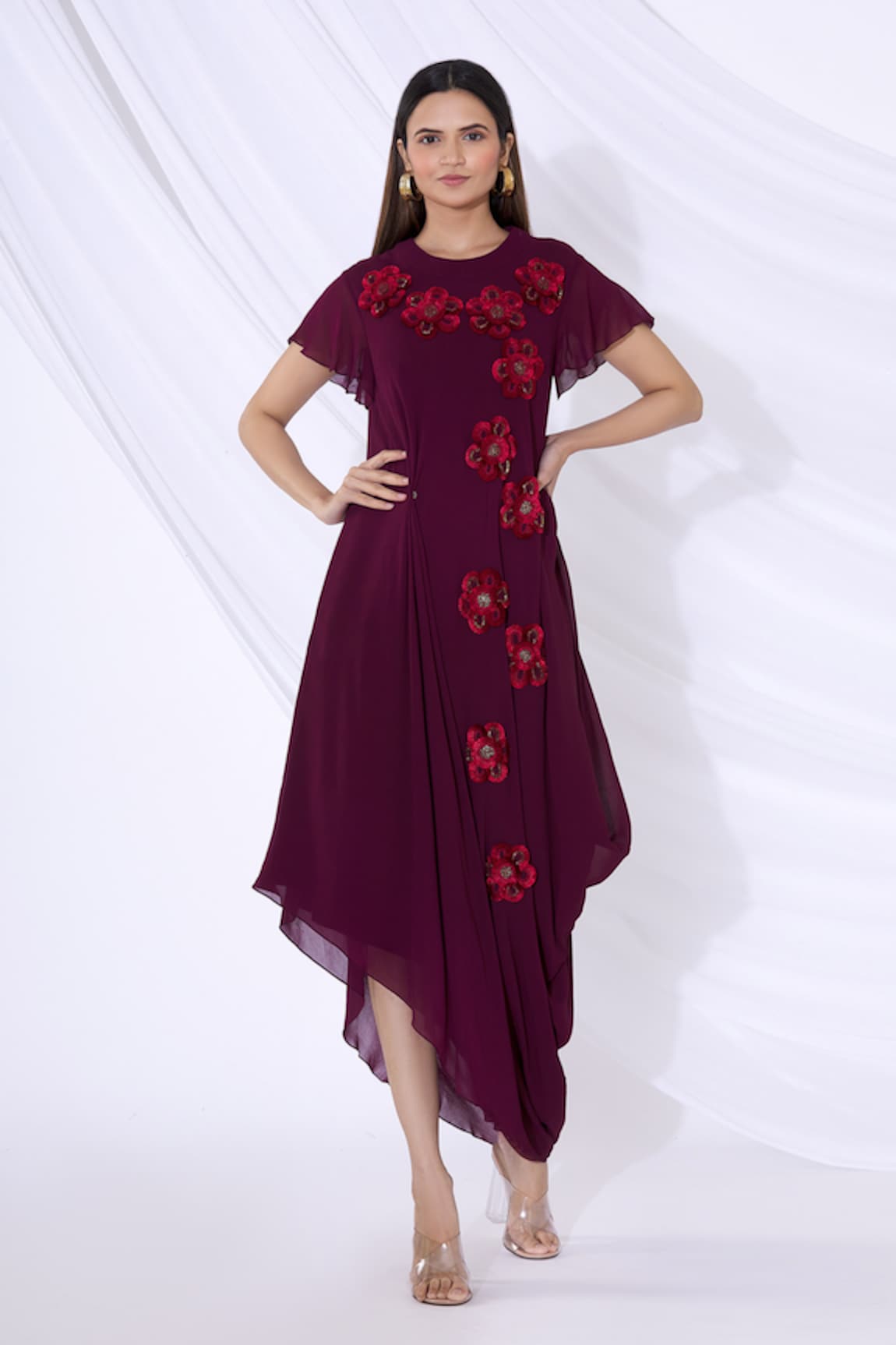 Urvashi Joneja Floral Applique Draped Dress