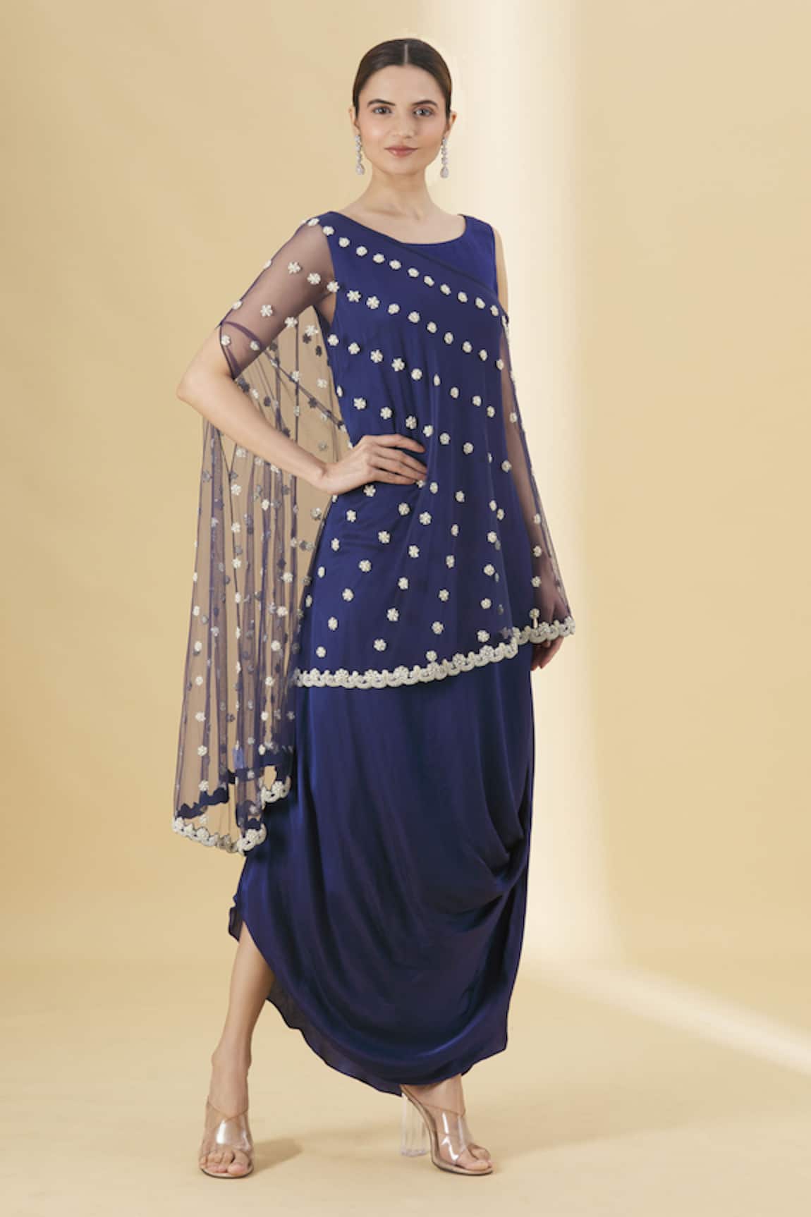 Ariyana Couture Draped Satin Tunic with Cape