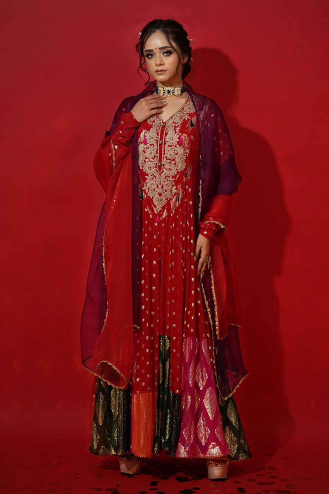 Jyoti Bansal Woven Panelled Anarkali With Dupatta 