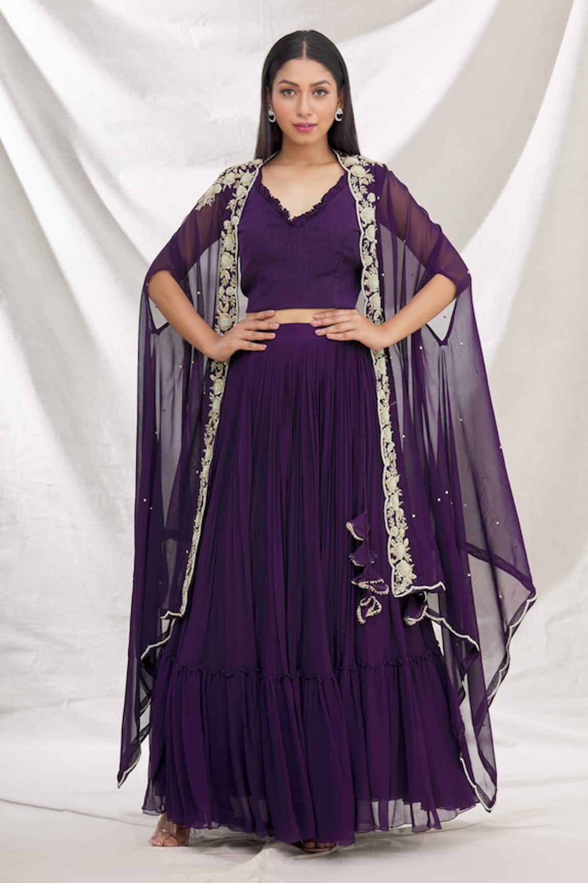Aksh Tiered Skirt Set With Cape