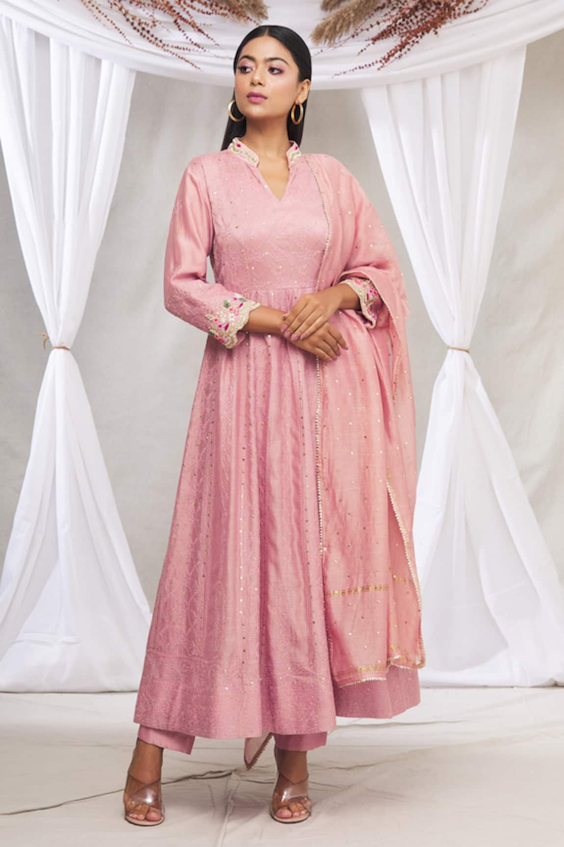 Made in Pinkcity Chanderi Lucknowi Anarkali Set