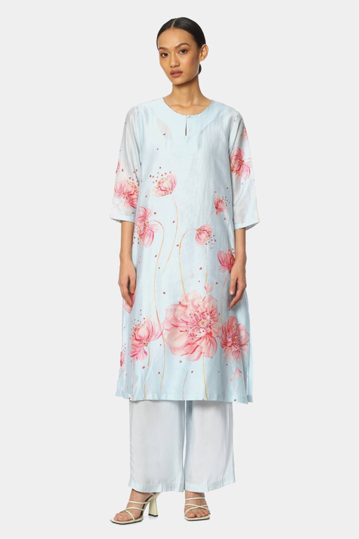 Satya Paul Chanderi Floral Pattern Kurta & Pant Set