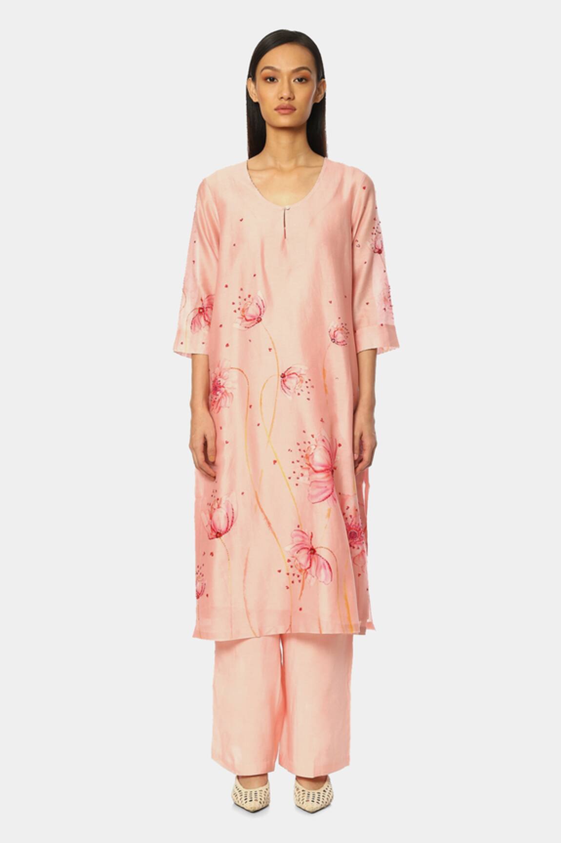 Satya Paul Chanderi Floral Pattern Kurta & Pant Set