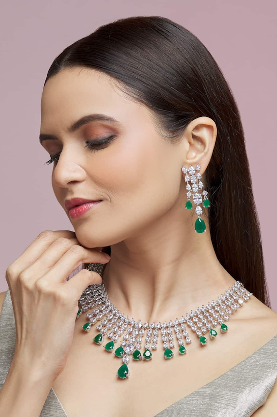 Crescent moon and star American diamond necklace | Mint Green choker n –  Indian Designs