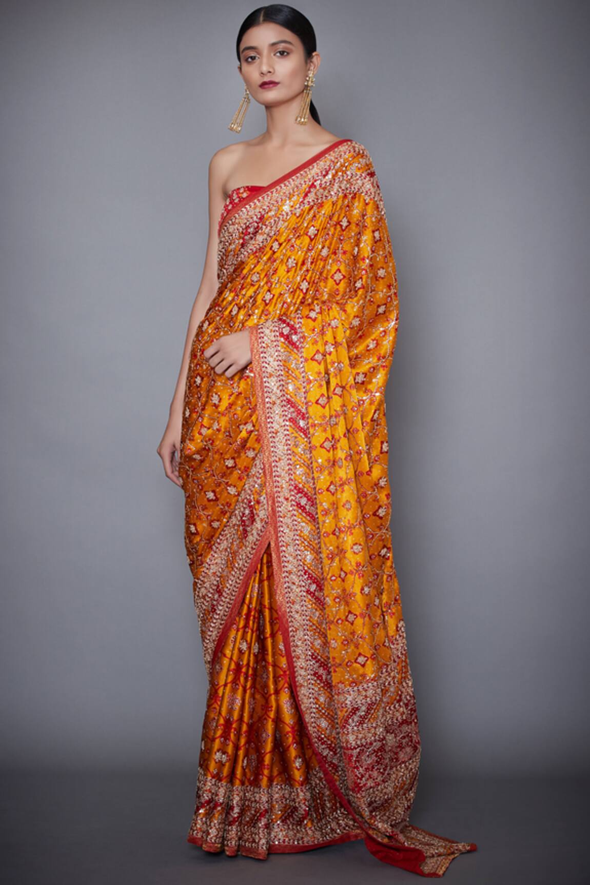 RI.Ritu Kumar Red & orange aari embroidered saree with unstitched blouse 