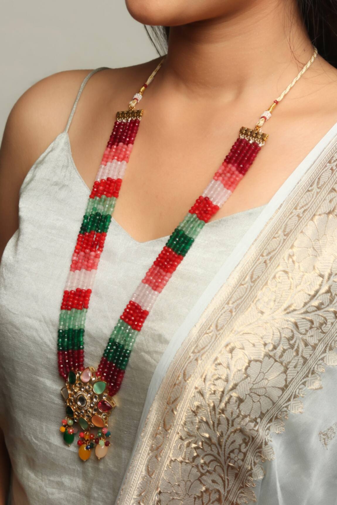 Gold Plated Green Beaded & Navratna Stone Long Necklace Design by Just  Shraddha at Pernia's Pop Up Shop 2023