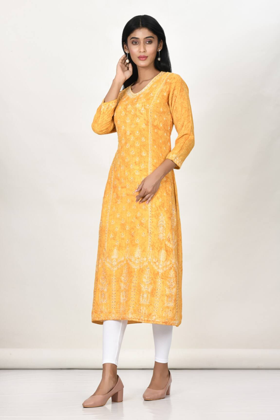Buy Yellow Hand Embroidered Modal Cotton Kurta Online at Jayporecom