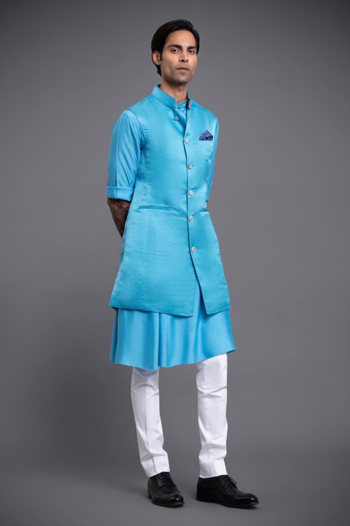 Raghavendra Rathore Jodhpur Linen Silk Bundi & Kurta Set 