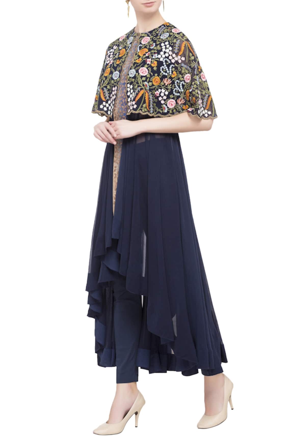 Debyani + Co Navy blue chintz embroidered cape Gown