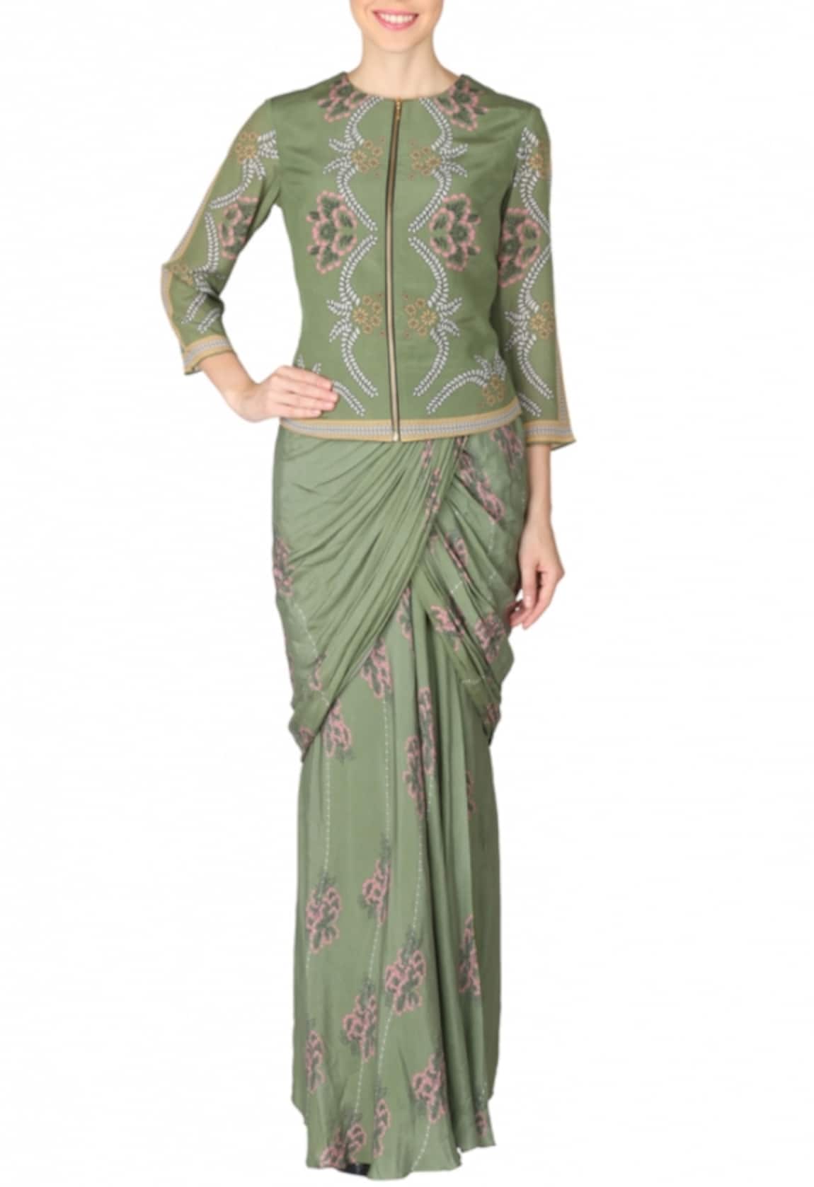 Soup By Sougat Paul Floral Printed Saree with Bomber Jacket 