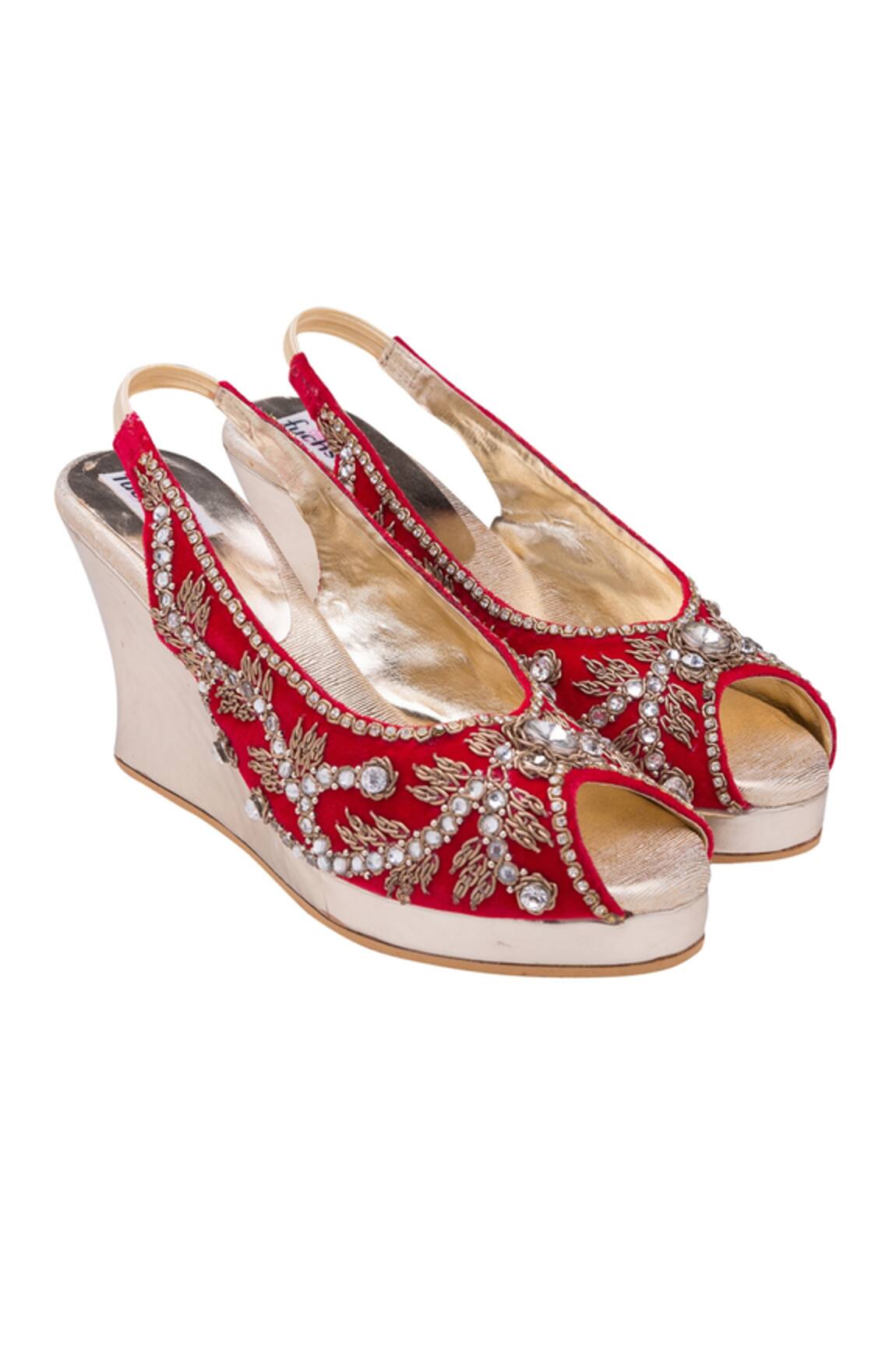 Fuchsia Leather Embroidered Wedges 