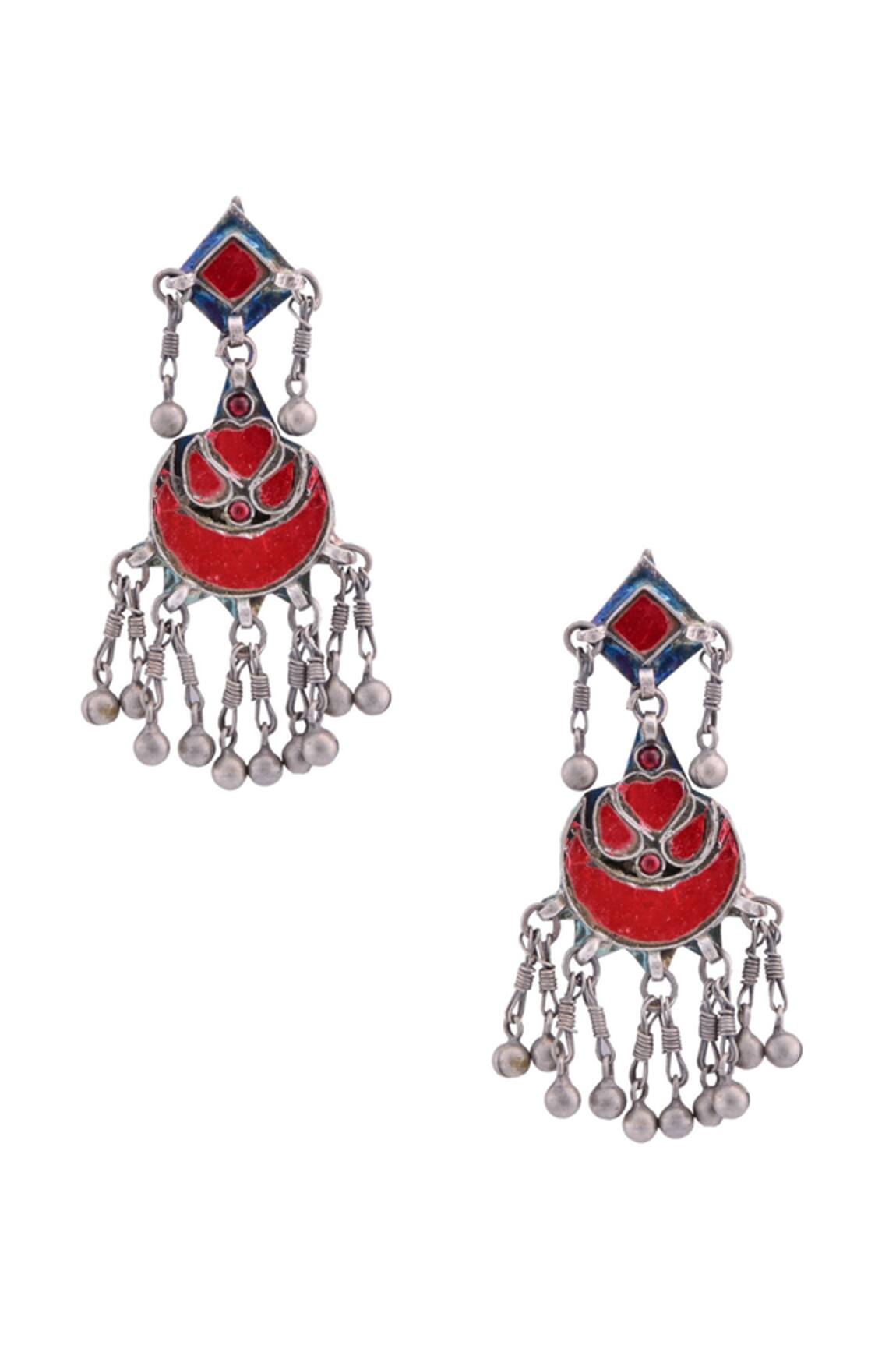 Sangeeta Boochra Antique silver drop earrings with enamel work