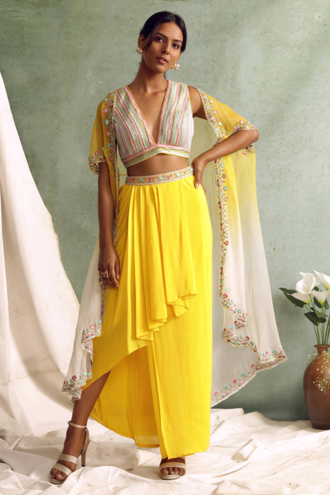 Priyanka Jain Organza Cape & Draped Skirt Set