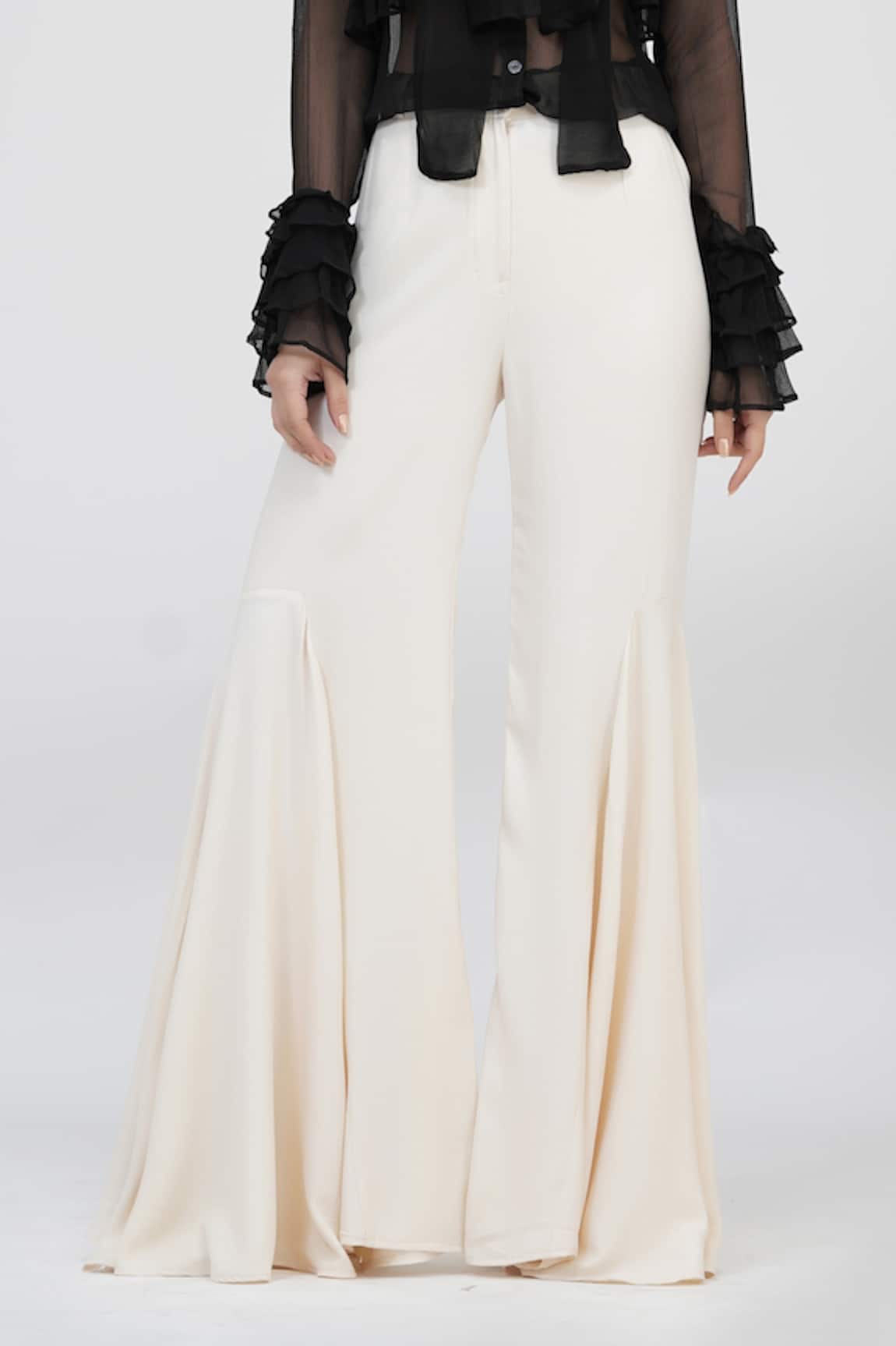 Buy IN OFFWHITE TIEUP WAIST BELL BOTTOM TROUSER for Women Online in India