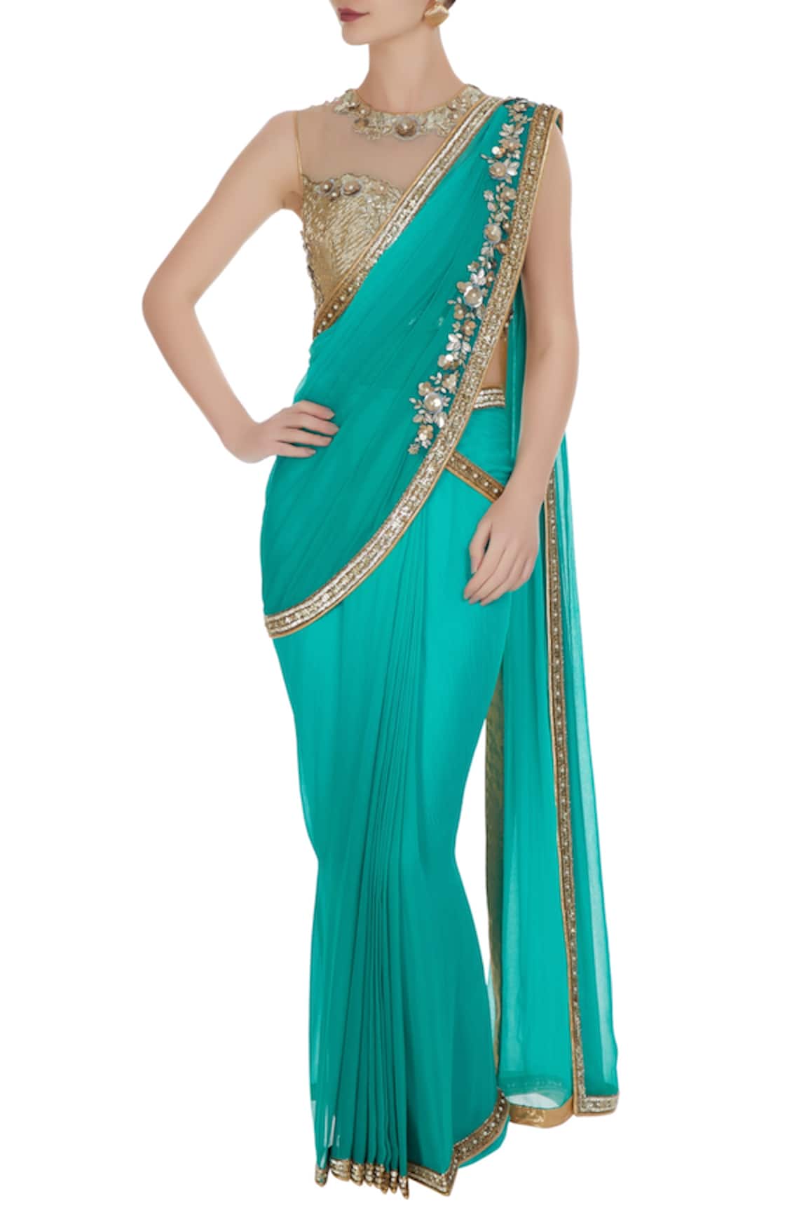 Rajat & Shraddha Sequin & pearl pre-draped saree with embroidered blouse