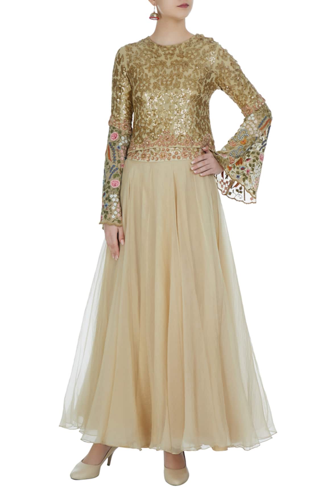Debyani + Co Sequin embroidered floral crop top with flared lehenga