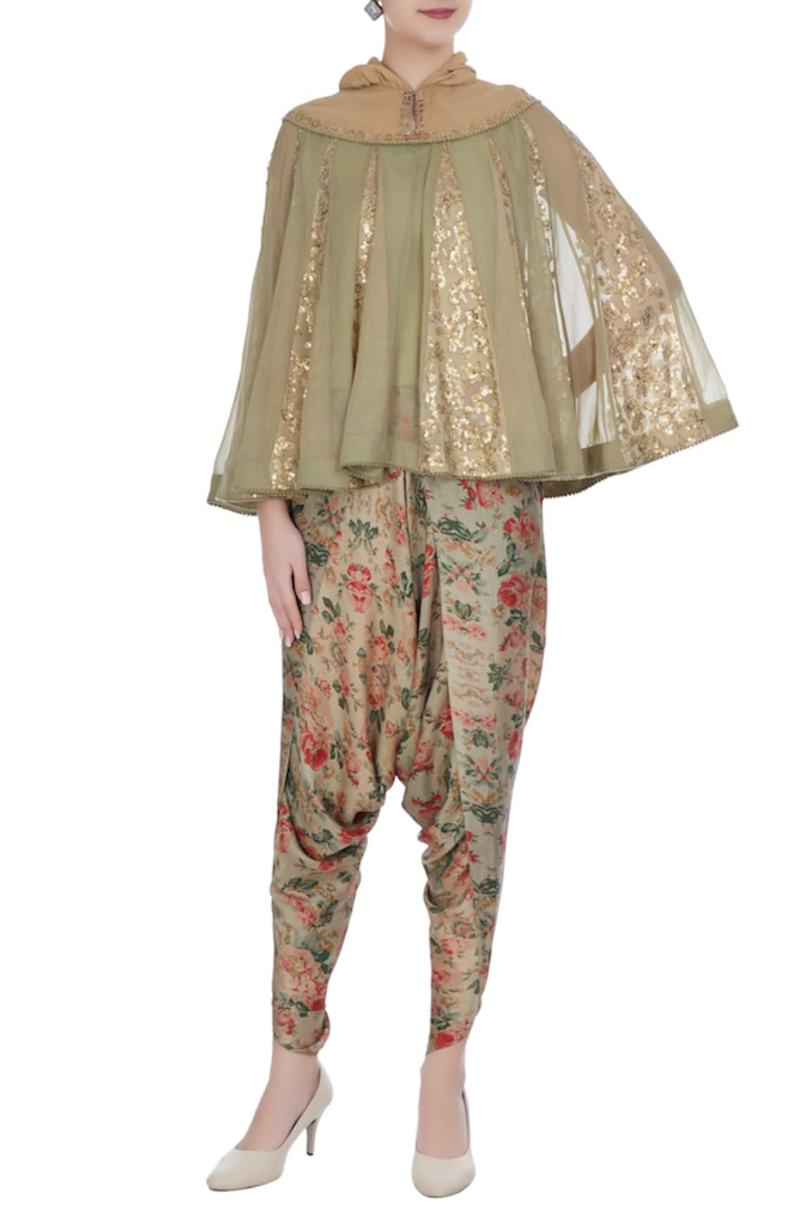Debyani + Co Sequin embroidered cape with floral printed dhoti pants