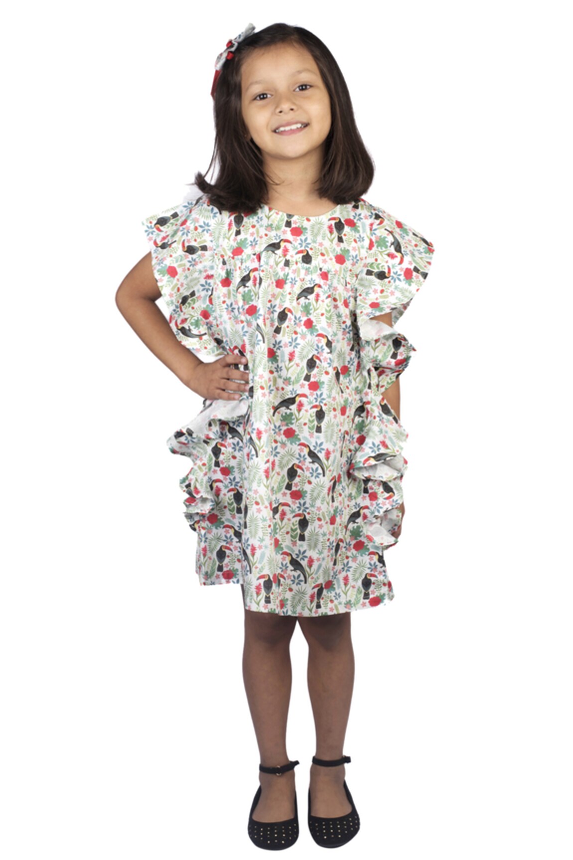 Ribbon Candy Ruffled Toucan Print Dress With Hairpin