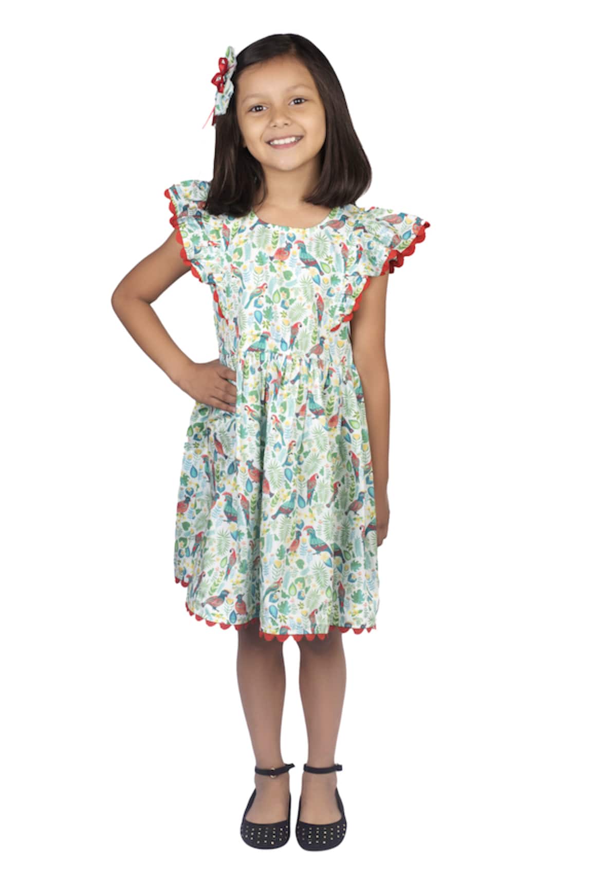 Ribbon Candy All Over Birds Print Dress With Hair Pin