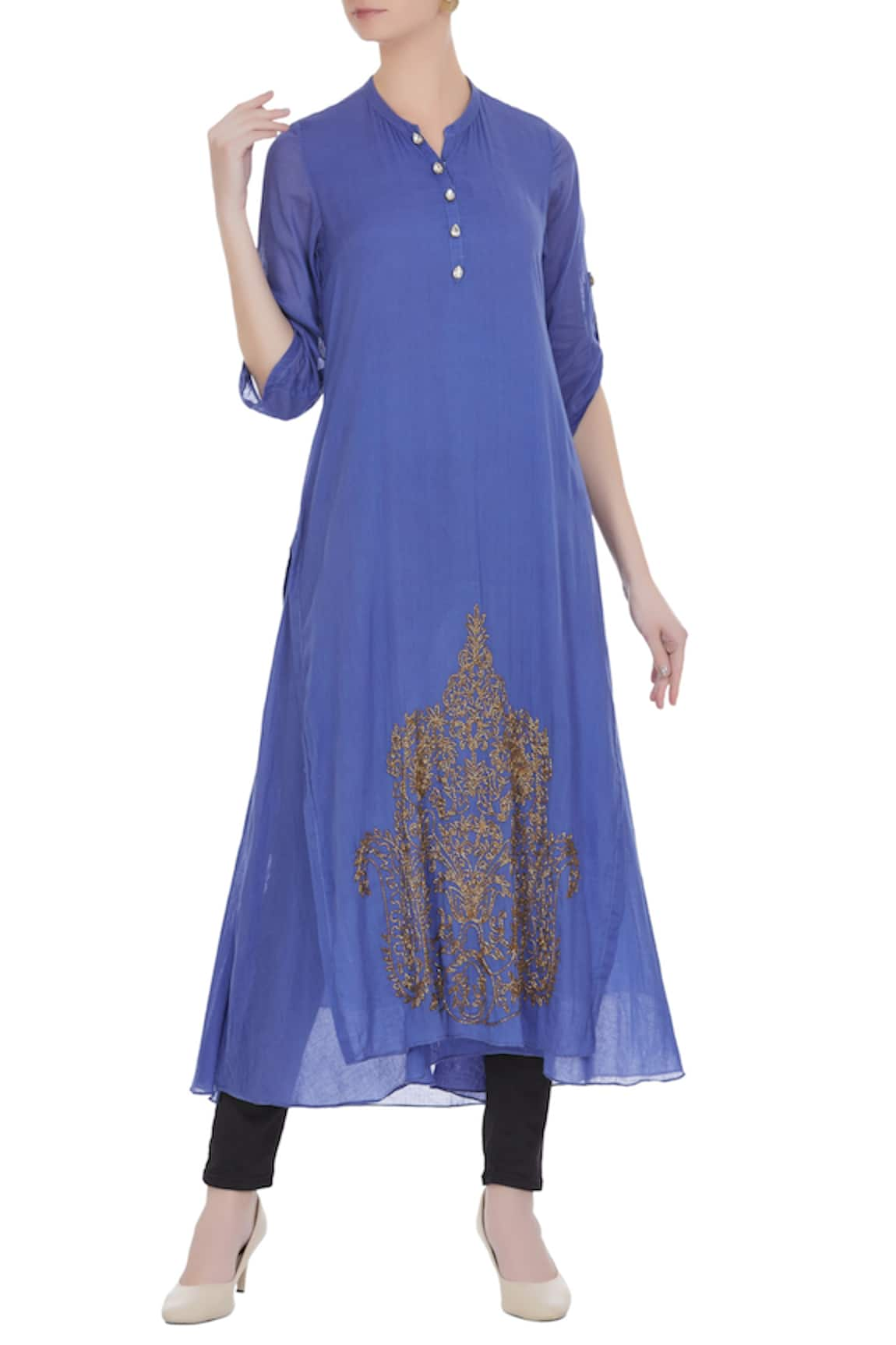 Zeel Doshi Blue mullmull gold butta embroidered long tunic