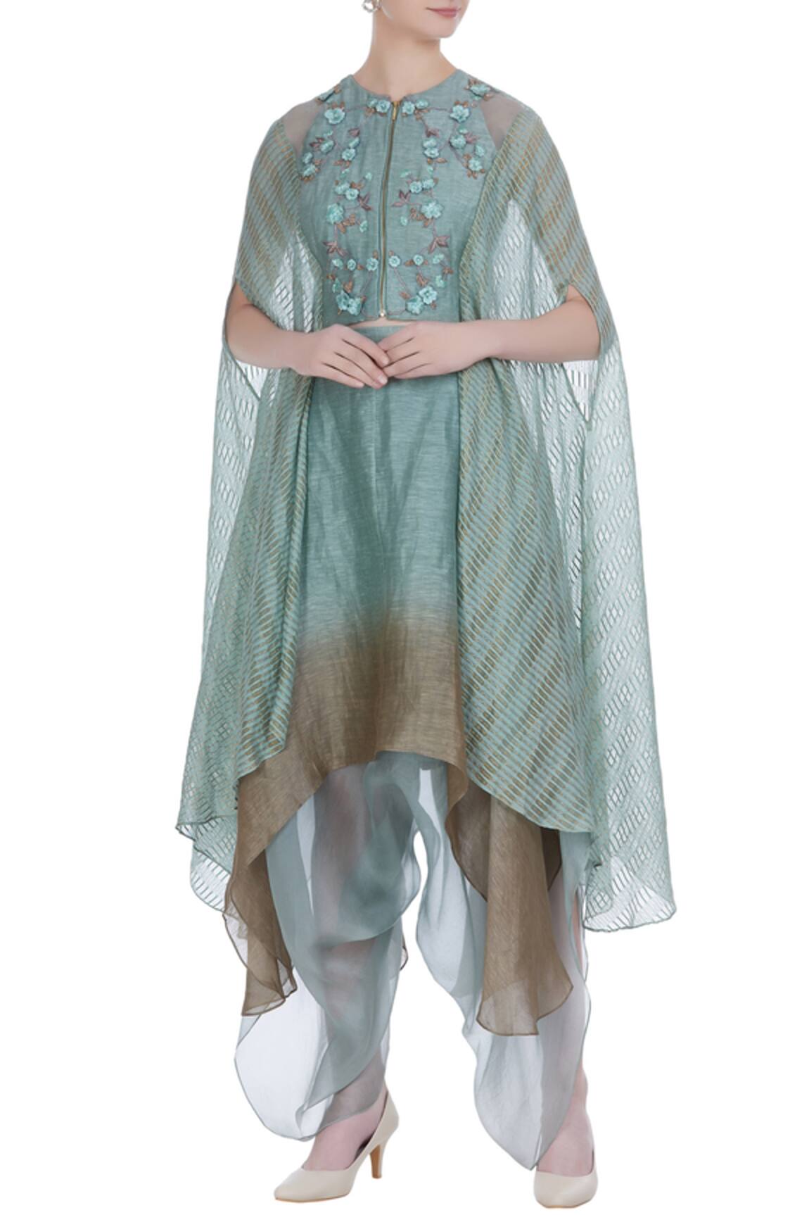 Incheetape Flower motif cape top with dhoti pants